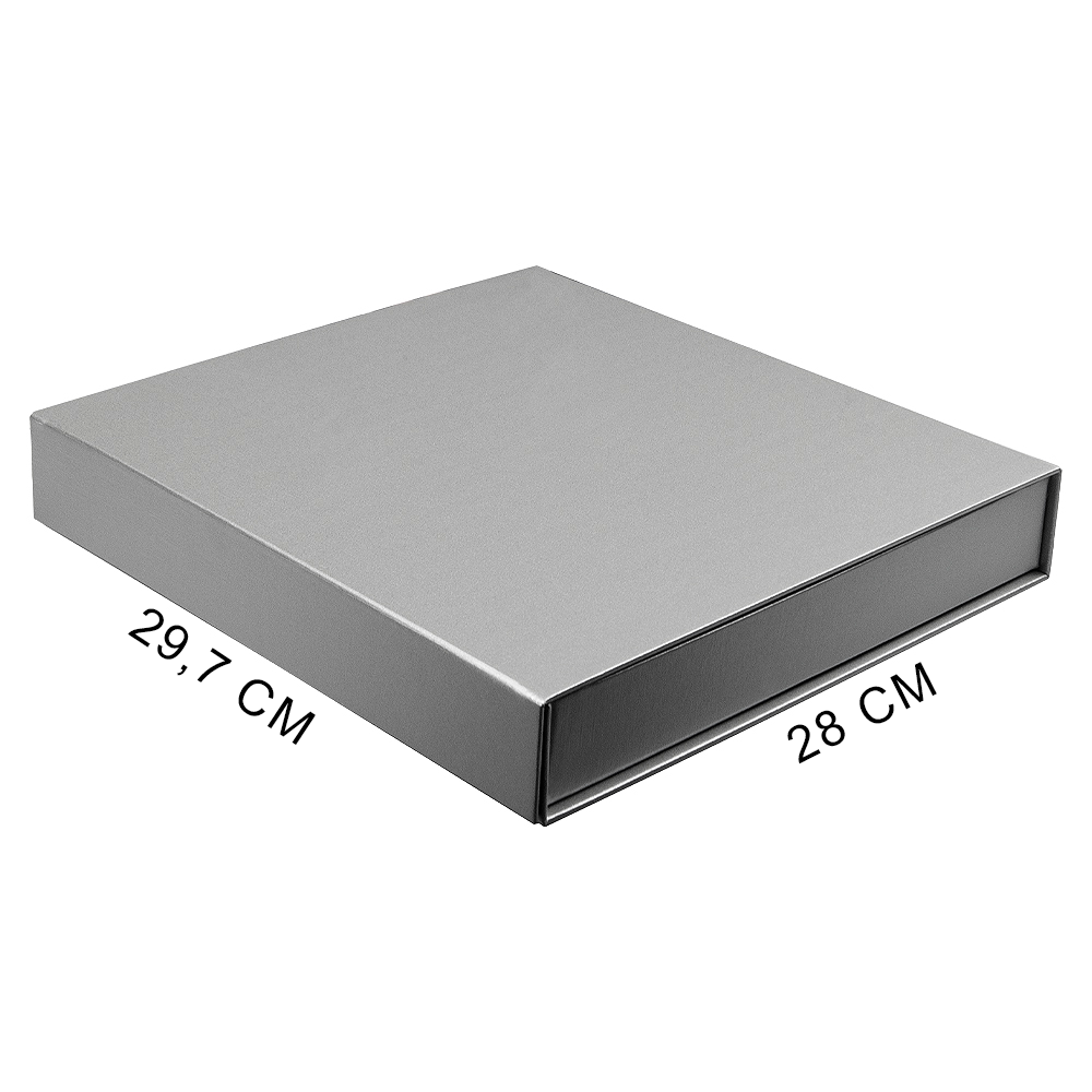 Подарочная коробка, размер 29,7*28,0*4,5 см,  Solution Prestige Magnum Linen  с магнитным клапаном под индивидуальную вырубку, серебристая, с бежевым 