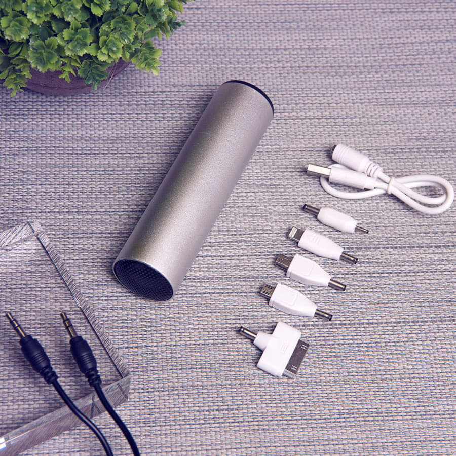 Колонка проводная"Soundcheck" с пауербанком 2200mA с набором переходников