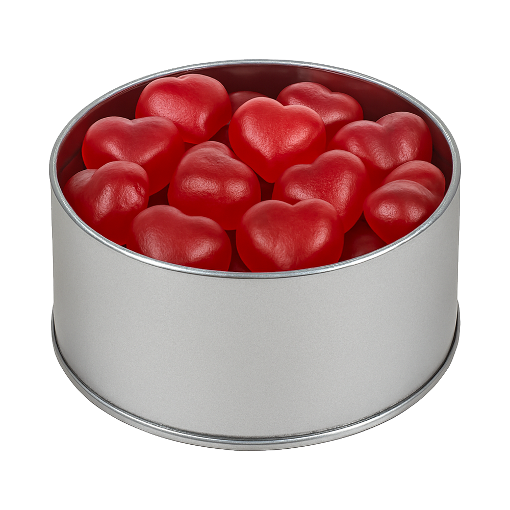 Набор желатиновых конфет "Красные сердца" 180 гр,  в круглой жестяной банке