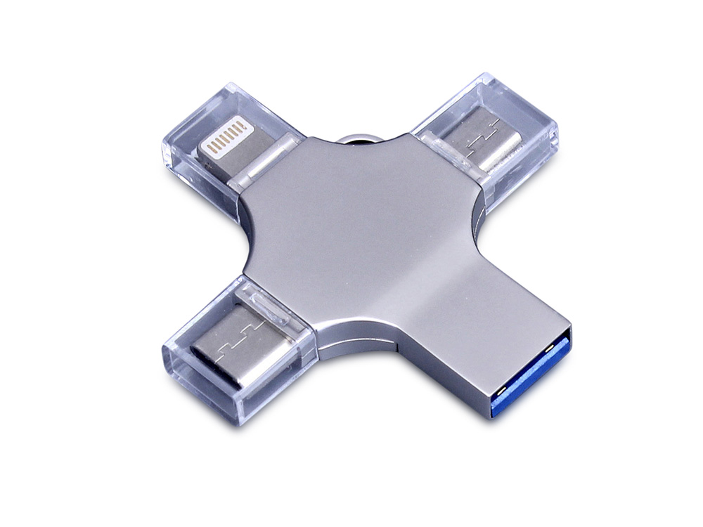 USB-флешка на 32 Гб 4 в 1 поворотный механизм, c дополнительными разъемами MicroUSB, TypeC и Lightning