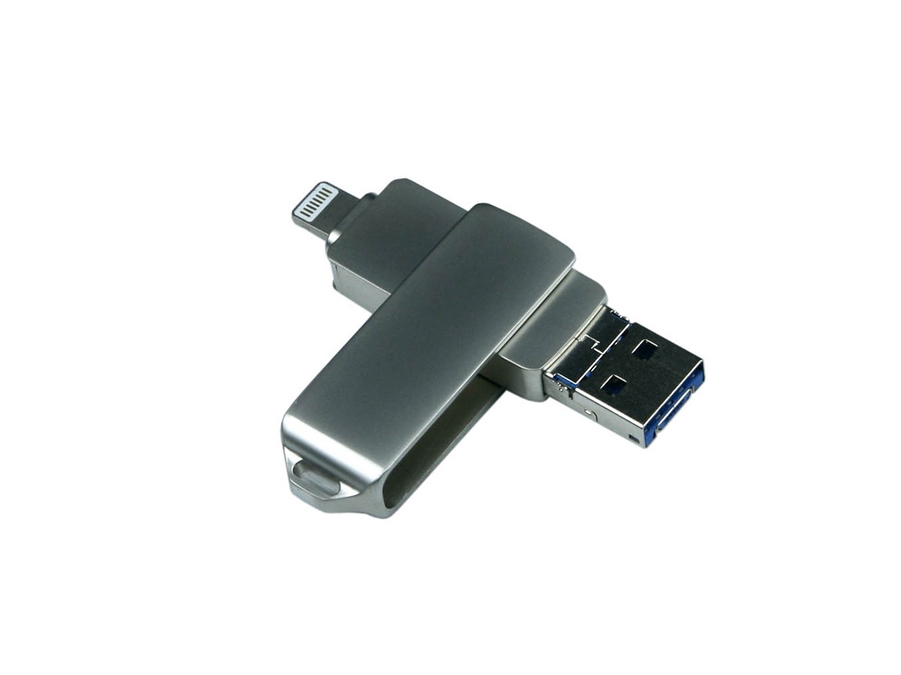 USB-флешка на 32 Гб, интерфейс USB3.0, поворотный механизм, c дополнительными разъемами для I-phone Lightning и Micro USB, полностью металлический корпус