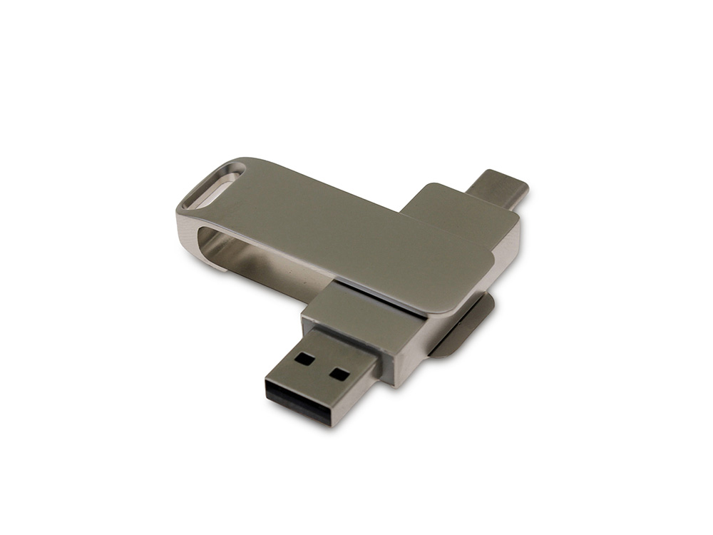 USB-флешка на 16 Гб поворотный механизм 2 в 1, c дополнительным разъемом Type-C с одноцветным металлическим клипом