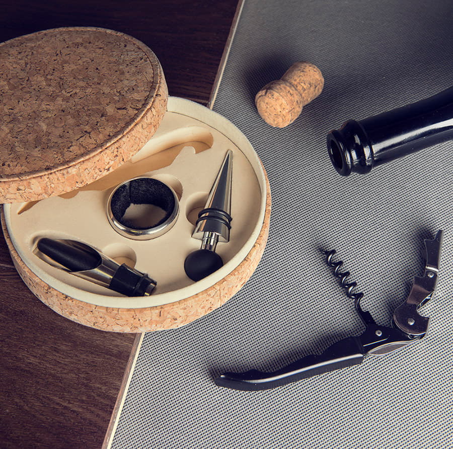 Набор для вина"Cork" (4 предмета); 15х4см; искусственная кожа, металл; лазерная гравировка