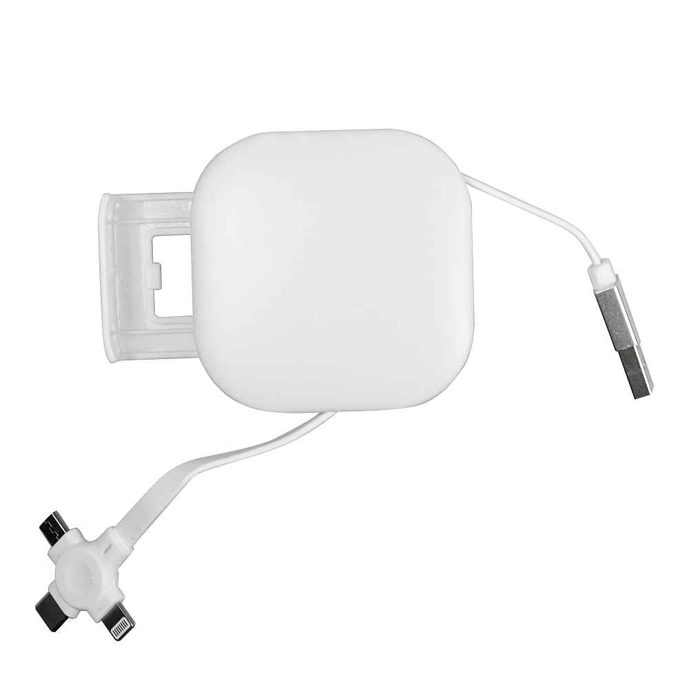 Кабель зарядный выдвижной USB Wingle 3-в-1 на Lightning, Micro-USB, Type-C «U50» 2,4 A, Quick Charge с подставкой для телефона, квадратный, белый