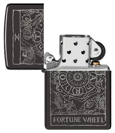 Зажигалка ZIPPO Wheel Of Fortune с покрытием High Polish Black, латунь/сталь, черная, глянцевая, 38x13x57 мм
