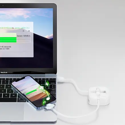 Кабель зарядный выдвижной USB Wingle 3-в-1 на Lightning, Micro-USB, Type-C «U50» 2,4 A, Quick Charge с подставкой для телефона, квадратный, белый