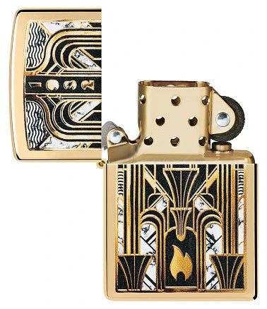 Зажигалка ZIPPO Art Deco Flame с покрытием High Polish Brass, латунь/сталь, золотистая, 38x13x57мм