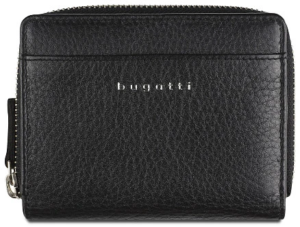 Кошелёк женский BUGATTI Lady Top, на молнии, чёрный, натуральная воловья кожа, 12х2,5х9 см