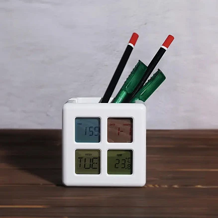 Часы настольные Vuva Cube с подставкой для ручек и телефона, календарем, термометром, будильником, с ж/к дисплеем, белые