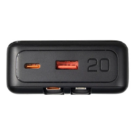 Внешний аккумулятор (powerbank) «Stream 20», 20 000 mAH, с двумя зарядными шнурами,  22,5W (Ватт)  super fast charge, Power Delivery (PD) 25.5W (dfnn), c цифровым дисплеем для контроля заряда, черный