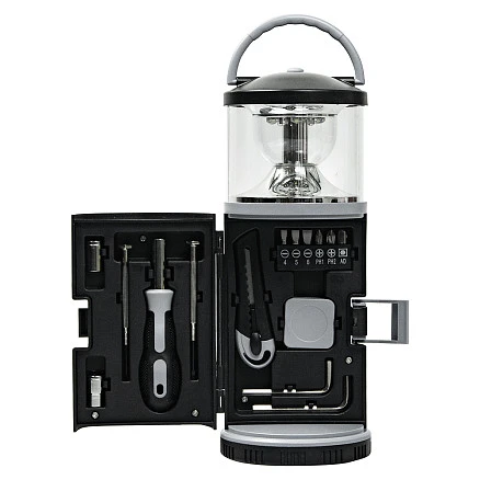 Набор инструментов Tools lantern cо встроенной лампой , 15 инструментов,  черный, в пластиковом футляре