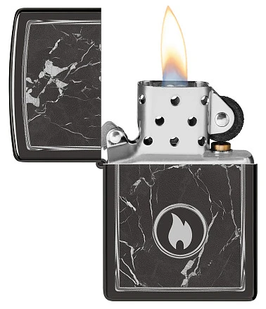 Зажигалка ZIPPO Marble Flame с покрытием High Polish Black, латунь/сталь, черная, глянцевая, 38x13x57 мм