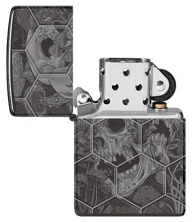 Зажигалка ZIPPO Mushroom Skulls с покрытием High Polish Black, латунь/сталь, черная, глянцевая, 38x13x57 мм