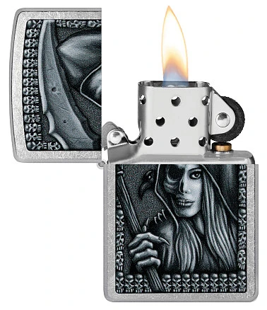 Зажигалка ZIPPO Grim Beauty с покрытием Street Chrome, латунь/сталь, серебристая, матовая, 38x13x57 мм