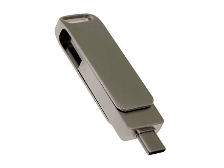 USB-флешка на 16 Гб поворотный механизм 2 в 1, c дополнительным разъемом Type-C с одноцветным металлическим клипом, серый