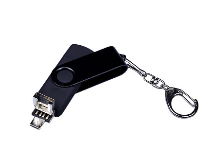 USB-флешка на 16 Гб 3 в 1 поворотный механизм, c двумя дополнительными разъемами MicroUSB и TypeC C с одноцветным металлическим клипом, черный