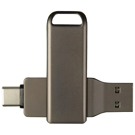 Флеш накопитель  USB 2.0 + TYPE C, FinTech, металл, темно-серый матовый, 16 GB