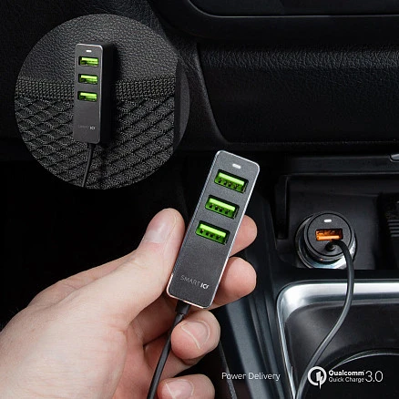 АЗУ 1 USB + 3 USB для пассажиров, QC 3.0, 7А, алюминий, графит, Deppa