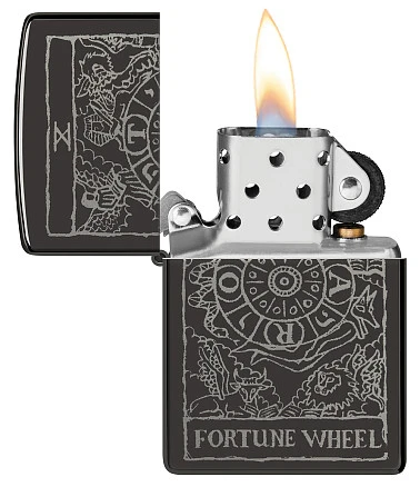 Зажигалка ZIPPO Wheel Of Fortune с покрытием High Polish Black, латунь/сталь, черная, глянцевая, 38x13x57 мм