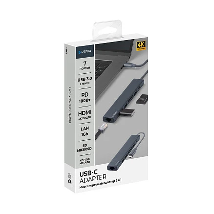 USB Type-C хаб 7-в-1, HDMI, Power Delivery, 2xUSB 3.0, RJ45, microSD/SD, графит, Deppa