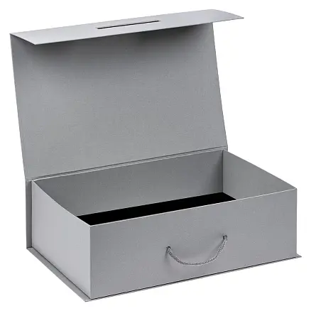 Подарочная коробка, размер 39*26,3*11 см, Solution Prestige Big Case Linen с магнитным клапаном и ручкой , с EVA ложементом 36,8*25,1*4 см под индивидуальную вырубку, серебристая