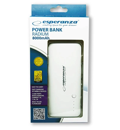 Портативное зарядное устройство Esperanza Radium, пластик, белый/серый, 8000 mAh