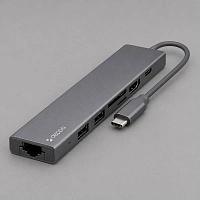 USB Type-C хаб 7-в-1, HDMI, Power Delivery, 2xUSB 3.0, RJ45, microSD/SD, графит, Deppa