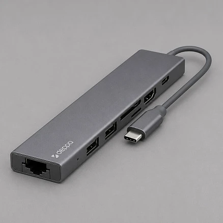 USB Type-C хаб 7-в-1, HDMI, Power Delivery, 2xUSB 3.0, RJ45, microSD/SD, графит, Deppa