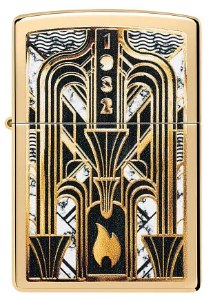 Зажигалка ZIPPO Art Deco Flame с покрытием High Polish Brass, латунь/сталь, золотистая, 38x13x57мм