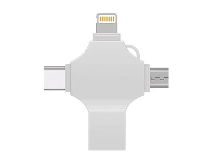 USB-флешка на 32 Гб 4 в 1 поворотный механизм, c дополнительными разъемами MicroUSB, TypeC и Lightning, серебристый