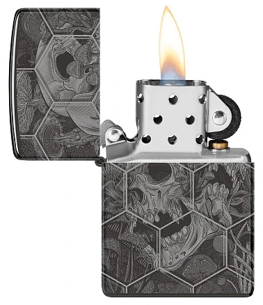 Зажигалка ZIPPO Mushroom Skulls с покрытием High Polish Black, латунь/сталь, черная, глянцевая, 38x13x57 мм