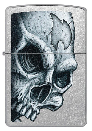 Зажигалка ZIPPO Skull and Flame с покрытием Street Chrome, латунь/сталь, серебристая, матовая, 38x13x57 мм
