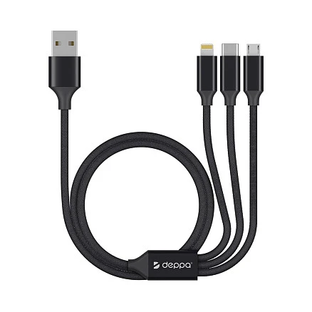 Дата-кабель 3 в 1: micro USB, USB-C, Ligthning, алюминий, 1.2м, черный, Deppa