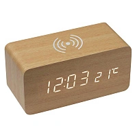 Часы настольные Wireless Time Hub с беспроводной зарядкой, термометром, календарем, светло-коричневые