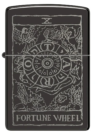 Зажигалка ZIPPO Wheel Of Fortune с покрытием High Polish Black, латунь/сталь, черная, глянцевая, 38x13x57 мм