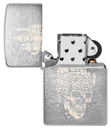 Зажигалка ZIPPO Skull Castle Design с покрытием Brushed Chrome, латунь/сталь, серебристая, 38x13x57 мм