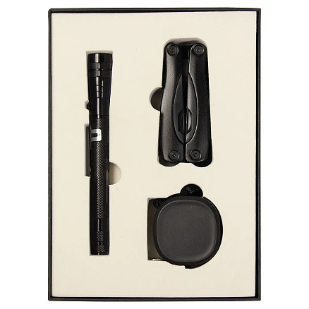 Набор подарочный Solution Superior Trio (Фонарь телескопический Tools Flashlight, рулетка Tools Trecker 3 метра, мультитул Tools Birmingham), черный