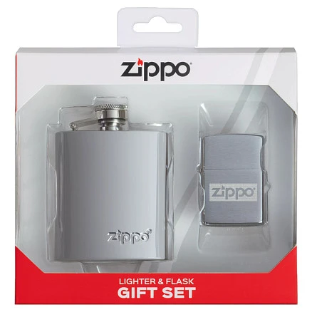 Подарочный набор ZIPPO: фляжка 89 мл и зажигалка, латунь/сталь, серебристый, в коробке с подвесом