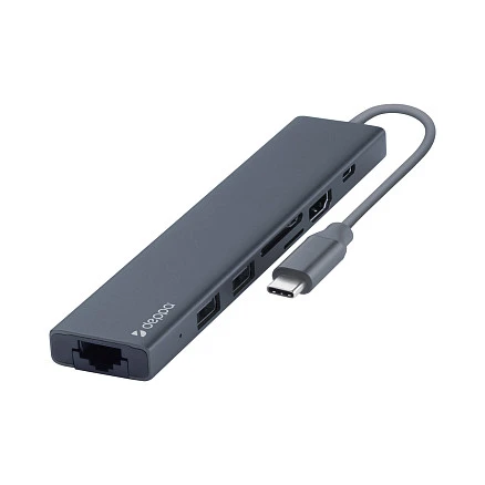 USB Type-C хаб 7-в-1, HDMI, Power Delivery, 2xUSB 3.0, RJ45, microSD/SD, графит, Deppa