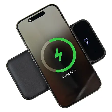 Внешний аккумулятор (powerbank) «Nova», 10 000 mAH, с тремя зарядными шнурами, c беспроводным магнитным контактом magsafe до 15W, 22,5W (Ватт) super fast charge, Power Delivery (PD) 20W (dfnn), QC3.0, черный