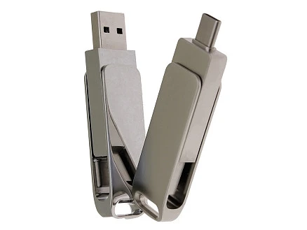 USB-флешка на 16 Гб поворотный механизм 2 в 1, c дополнительным разъемом Type-C с одноцветным металлическим клипом, серый
