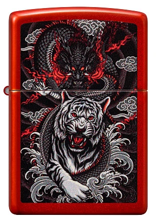 Зажигалка ZIPPO Dragon Tiger Design с покрытием Metallic Red, латунь/сталь, красная, 38x13x57 мм