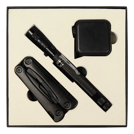 Набор подарочный Solution Superior Trio (Фонарь телескопический Tools Flashlight, рулетка Tools Master, 3 метра, Мультитул Tools Hardwork) черный