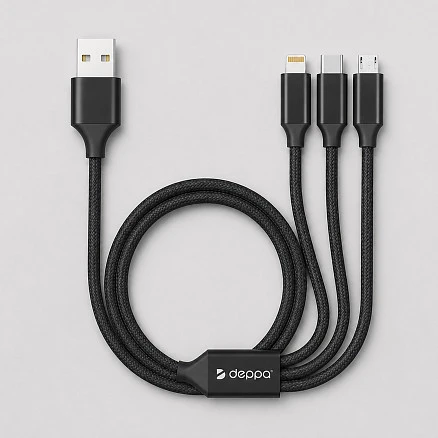 Дата-кабель 3 в 1: micro USB, USB-C, Ligthning, алюминий, 1.2м, черный, Deppa