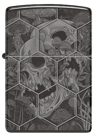 Зажигалка ZIPPO Mushroom Skulls с покрытием High Polish Black, латунь/сталь, черная, глянцевая, 38x13x57 мм