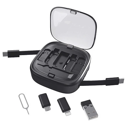 Кабель зарядный выдвижной USB Solid Link 5-в-1 на Lightning, Micro-USB, Type-C «U50» 2,4 A, C to C, Quick Charge с подставкой для телефона, квадратный, черный