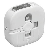 Кабель зарядный выдвижной USB Wingle 3-в-1 на Lightning, Micro-USB, Type-C «U50» 2,4 A, Quick Charge с подставкой для телефона, квадратный, белый