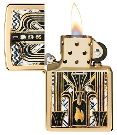 Зажигалка ZIPPO Art Deco Flame с покрытием High Polish Brass, латунь/сталь, золотистая, 38x13x57мм