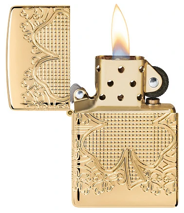 Зажигалка ZIPPO Armor® Lucky Clover с покрытием High Polish Gold Plate, латунь/сталь, золотистая, 38x13x57 мм