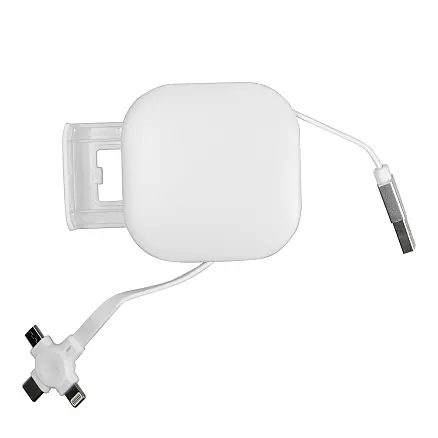 Кабель зарядный выдвижной USB Wingle 3-в-1 на Lightning, Micro-USB, Type-C «U50» 2,4 A, Quick Charge с подставкой для телефона, квадратный, белый